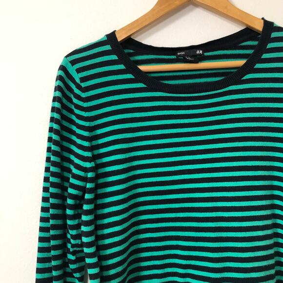 H&M Basic Stripe Sweater M Green Black Long Sleeve Knit Minimalist Indie Sleaze - Picture 3 of 7